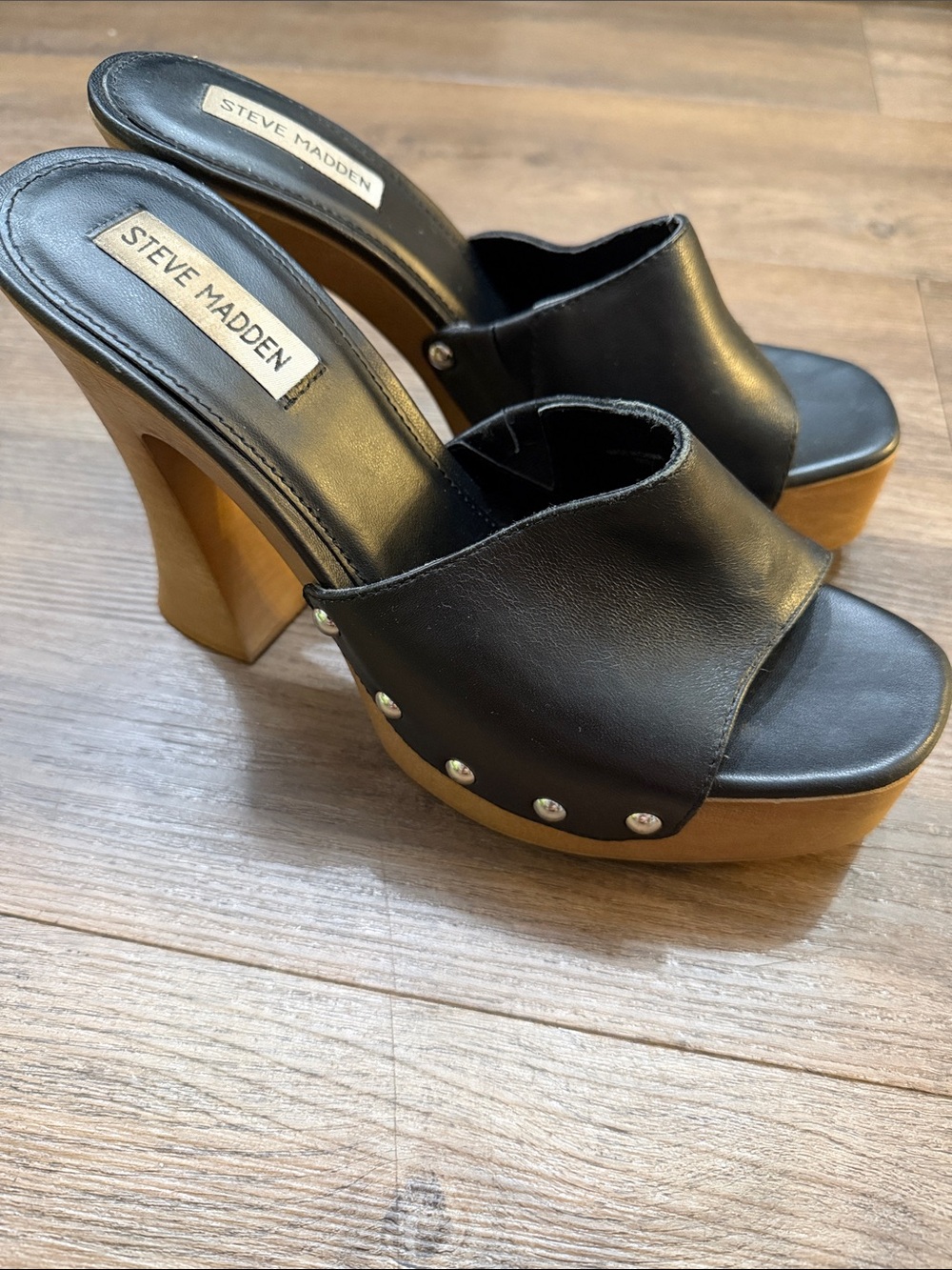 Steve Madden Black Leather Studded Wood-Platform Mules